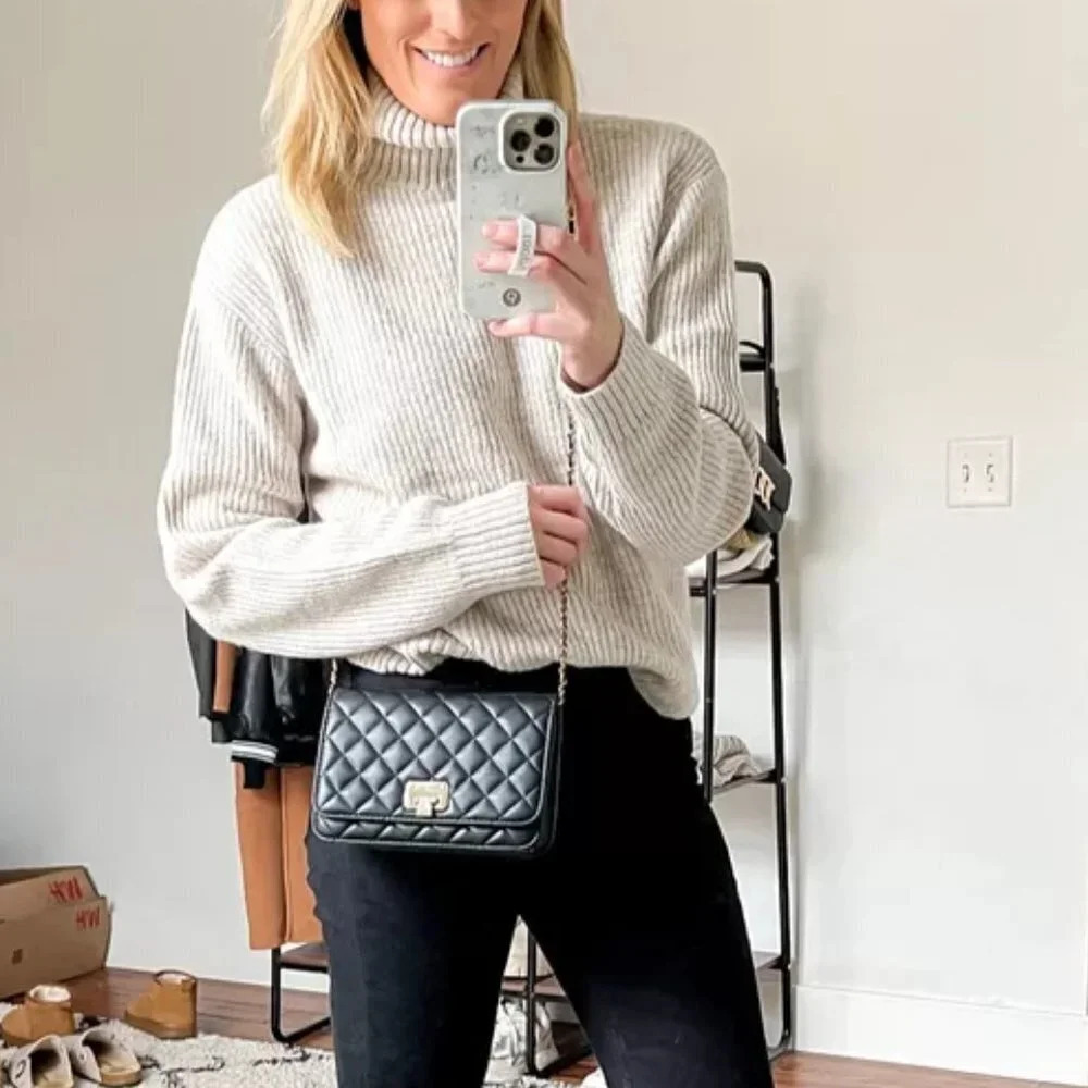 Zara Heavy Ribbed Knit Turtleneck Sweater Cotton Ecru Cream Size Large